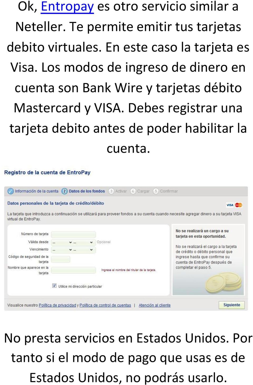 Los modos de ingreso de dinero en cuenta son Bank Wire y tarjetas débito Mastercard y VISA.