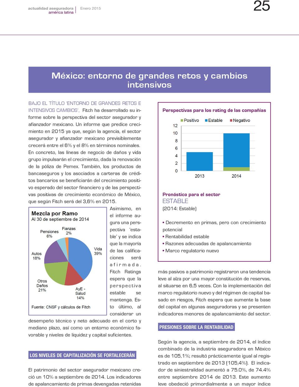 Un informe que predice crecimiento en 2015 ya que, según la agencia, el sector asegurador y afianzador mexicano previsiblemente crecerá entre el 6% y el 8% en términos nominales.