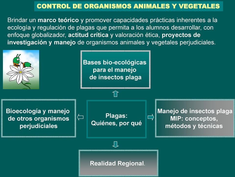 investigación y manejo de organismos animales y vegetales perjudiciales.