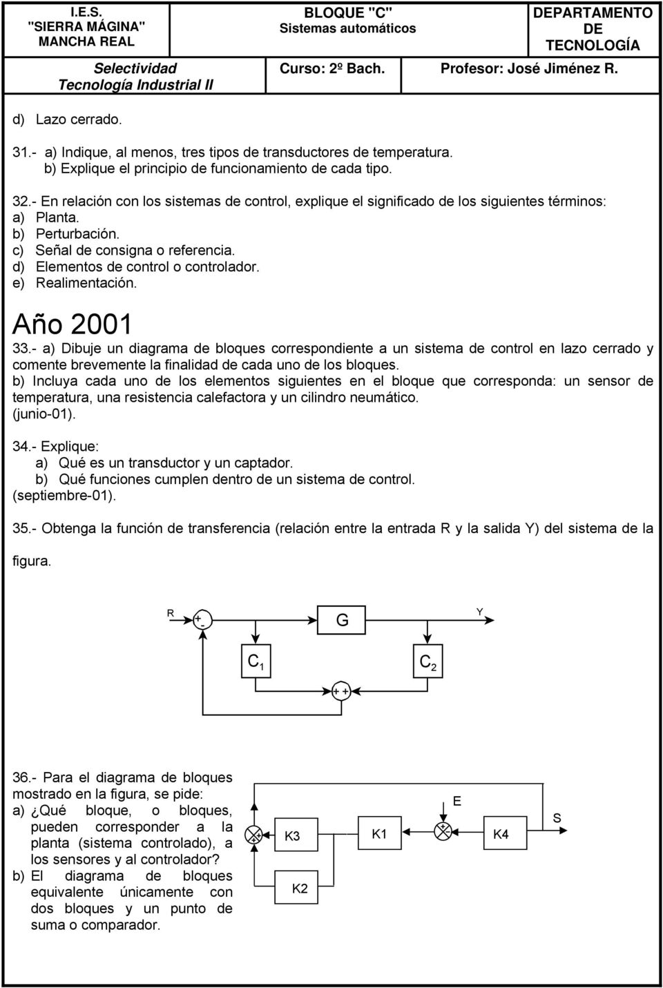 e) Realimentación. Año 2001 33.- a) Dibuje un diagrama de bloques correspondiente a un sistema de control en lazo cerrado y comente brevemente la finalidad de cada uno de los bloques.