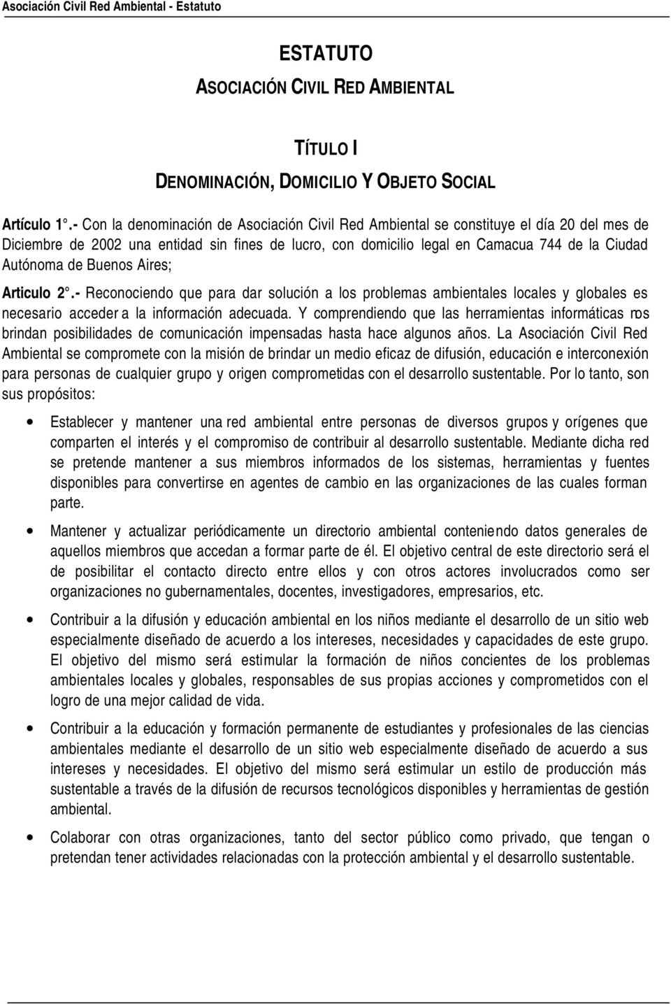 ESTATUTO ASOCIACIÓN CIVIL RED AMBIENTAL - PDF Descargar libre