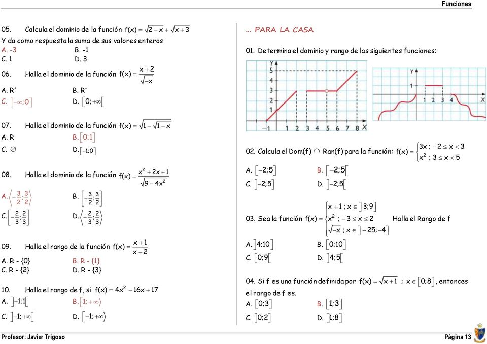 ; 3 3 09. 1 Halla el rango de la función f() A. R - {0} B. R - {1} C. R - {} D. R - {3} 10. Halla el rango de f, si A. 1;1 C. 1; B. 1; D. 1; f() 4 16 17 0.