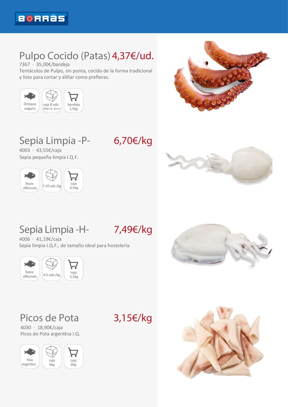 preﬁeras. Octopus vulgaris 8 uds. 180g/ud. aprox. bandeja 1, Sepia Limpia -P- 6,70 /kg 4003 43,55 / Sepia pequeña limpia I.