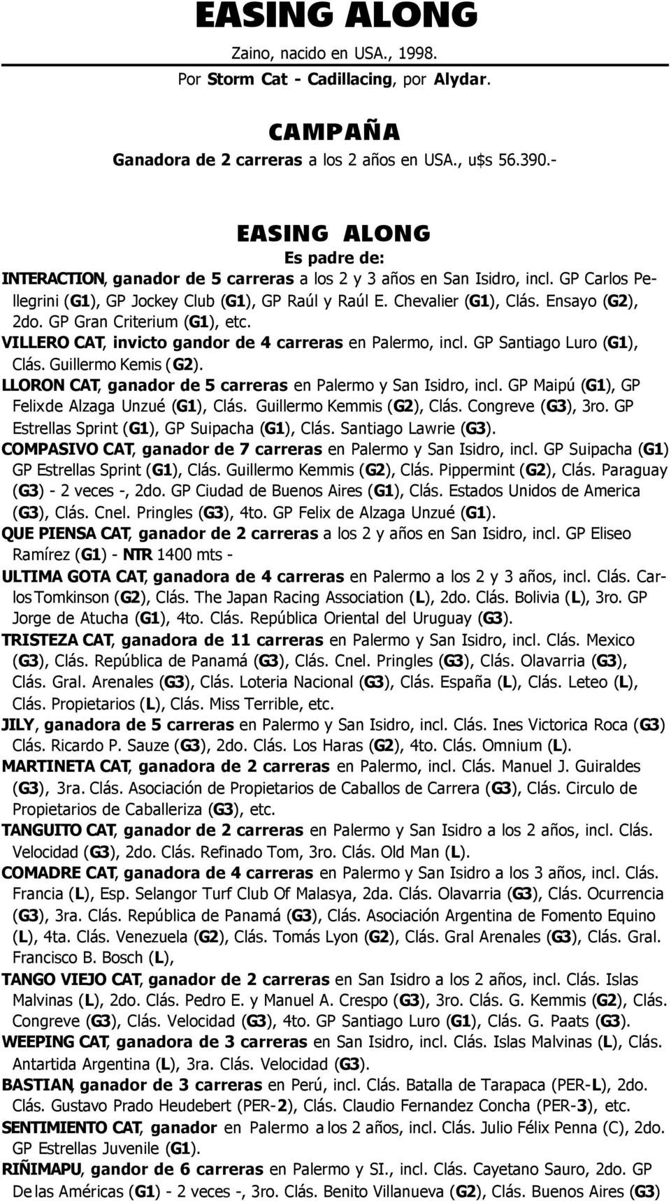 Ensayo (G2), 2do. GP Gran Criterium (G1), etc. VILLERO CAT, invicto gandor de 4 carreras en Palermo, incl. GP Santiago Luro (G1), Clás. Guillermo Kemis (G2).