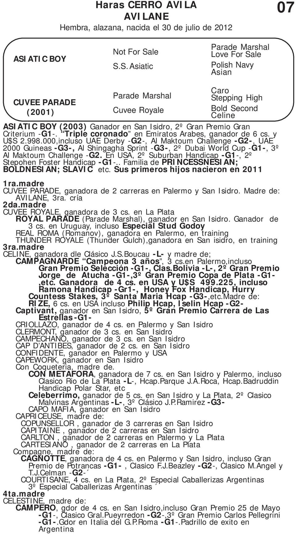 le S.S. Asiatic Parade Marshal Love For Sale Polish Navy Asian CUVEE PARADE (2001) Parade Marshal Cuvee Royale Caro Stepping High Bold Second Celine ASIATIC BOY (2003) Ganador en San Isidro, 2º Gran