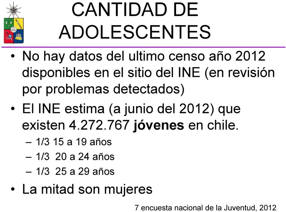 del 2012) que existen 4.272.767 jóvenes en chile.
