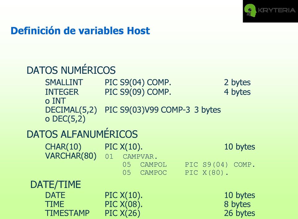DATOS ALFANUMÉRICOS PIC S9(03)V99 COMP-3 3 bytes 2 bytes 4 bytes CHAR(10) PIC X(10).