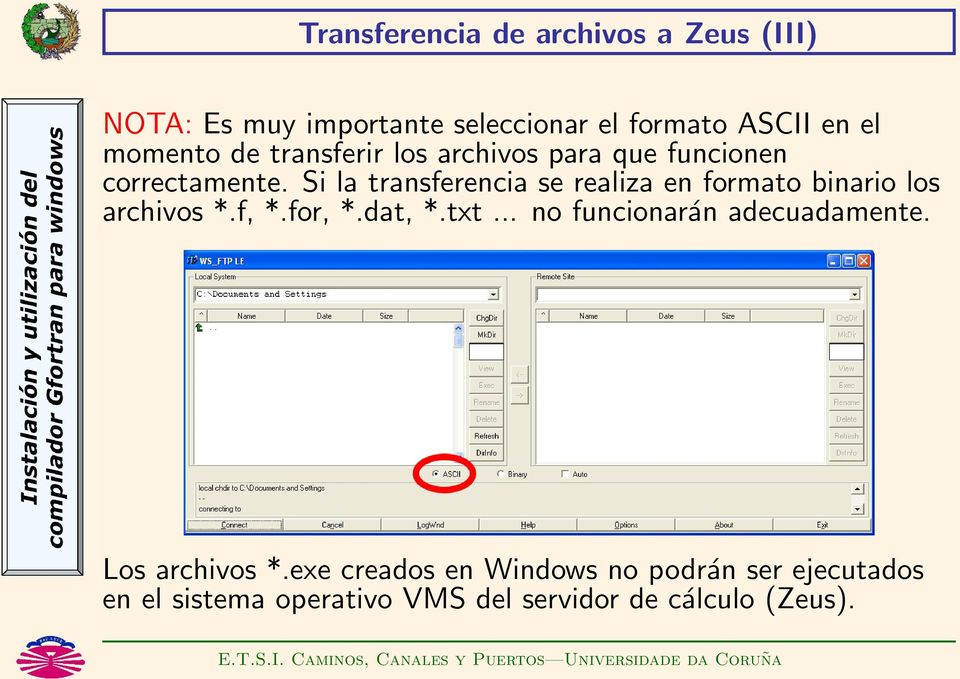 Si la transferencia se realiza en formato binario los archivos *.f, *.for, *.dat, *.txt.