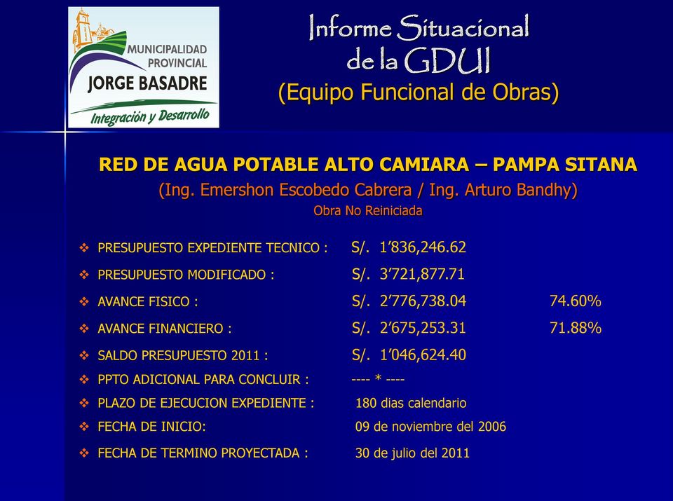 71 AVANCE FISICO : S/. 2 776,738.04 74.60% AVANCE FINANCIERO : S/. 2 675,253.31 71.88% SALDO PRESUPUESTO 2011 : S/.