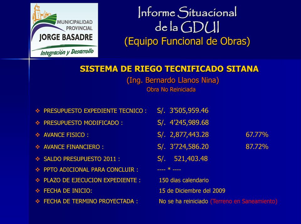3 724,586.20 87.72% SALDO PRESUPUESTO 2011 : S/. 521,403.
