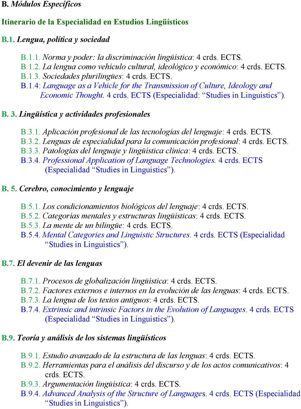 4 crds. ECTS (Especialidad: Studies in Linguistics ). B. 3. Lingüística y actividades profesionales B.3.1. Aplicación profesional de las tecnologías del lenguaje: 4 crds. ECTS. B.3.2.