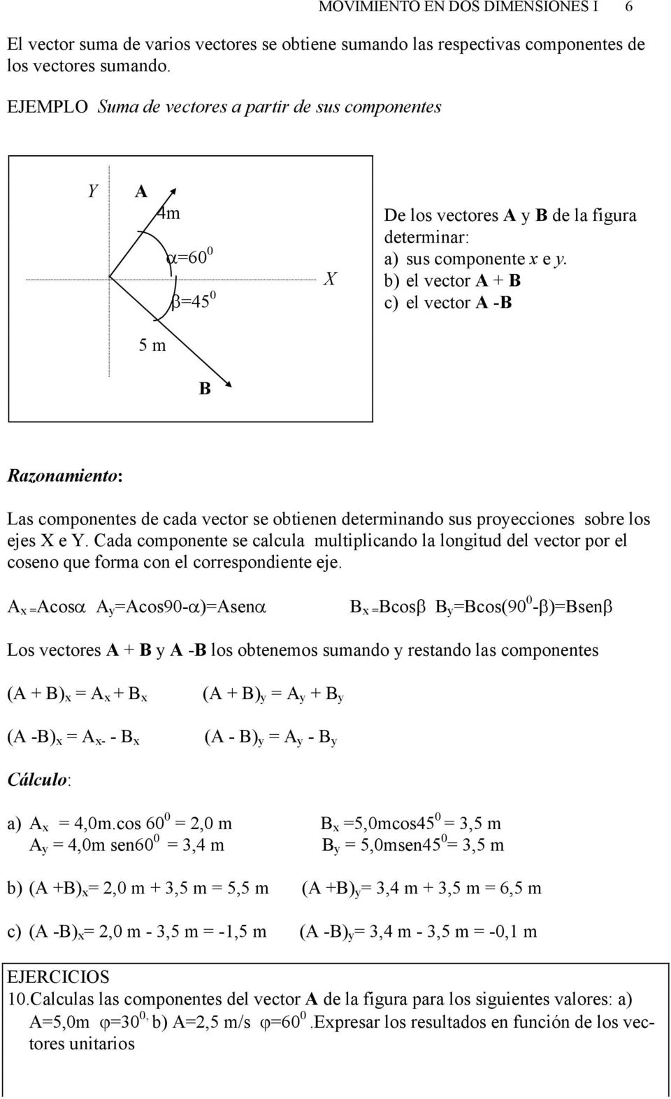 b) el vector A + B c) el vector A -B 5 m B Razonamiento: Las componentes de cada vector se obtienen determinando sus proyecciones sobre los ejes X e Y.