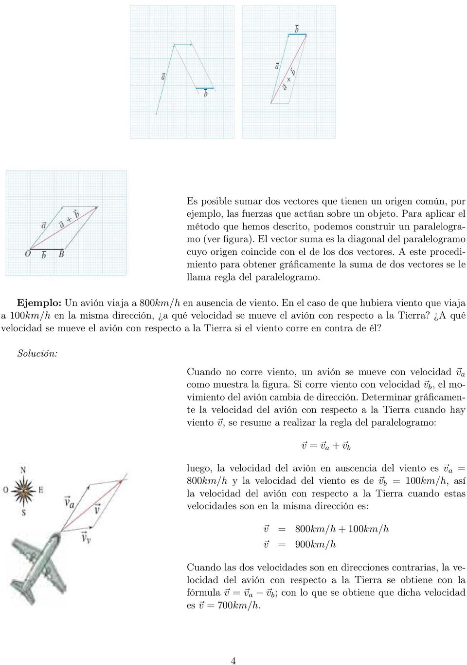 A este procedimiento para obtener gráficamente la suma de dos vectores se le llama regla del paralelogramo. Ejemplo: Un avión viaja a 800km/h en ausencia de viento.
