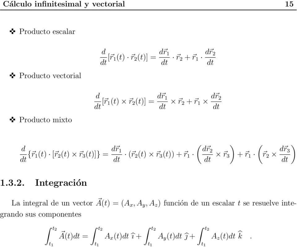 2(t) r 3 (t)) + r 1 dt r 3 + r 1 r 2 d r ) 3 dt 1.3.2. Integración La integral de un vector A(t) = (A x,a y, A z ) función de