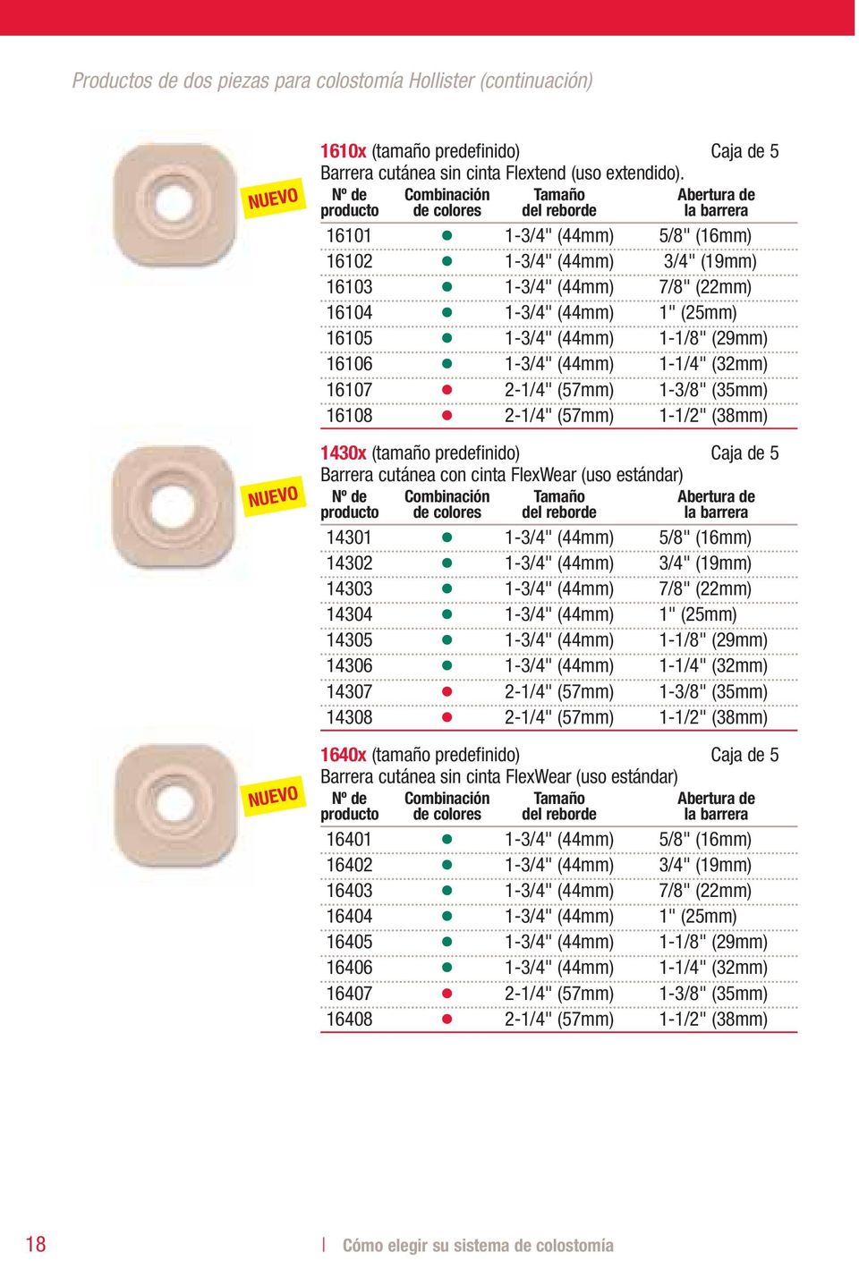 (29mm) 16106 1-3/4" (44mm) 1-1/4" (32mm) 16107 2-1/4" (57mm) 1-3/8" (35mm) 16108 2-1/4" (57mm) 1-1/2" (38mm) 1430x (tamaño predefinido) Caja de 5 Barrera cutánea con cinta FlexWear (uso estándar)