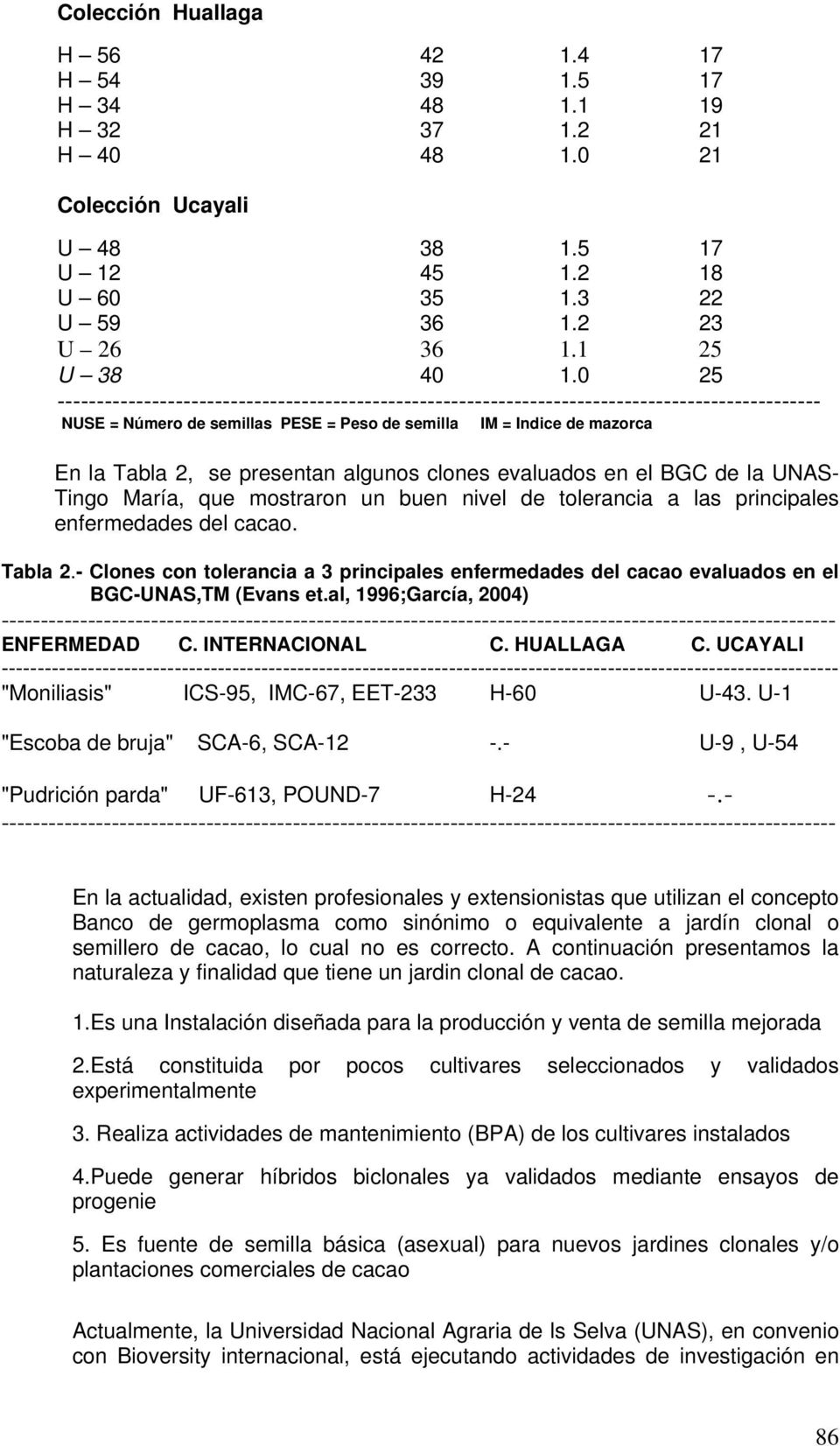 presentan algunos clones evaluados en el BGC de la UNAS- Tingo María, que mostraron un buen nivel de tolerancia a las principales enfermedades del cacao. Tabla 2.
