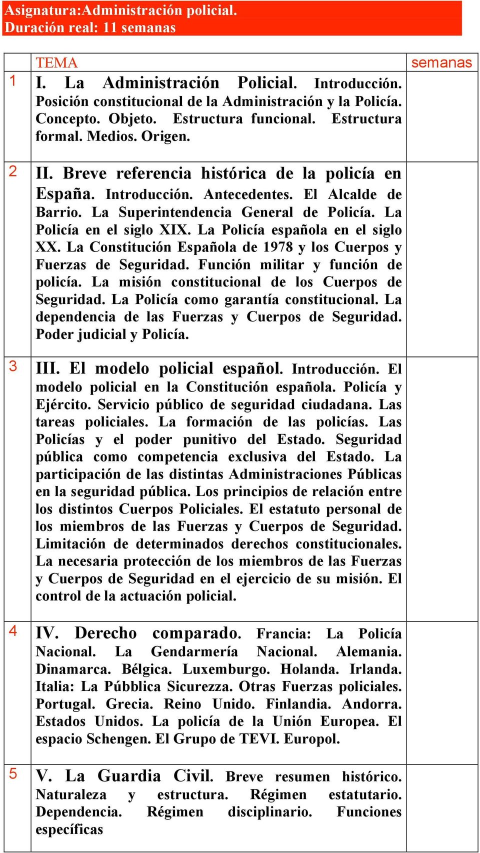 La Superintendencia General de Policía. La Policía en el siglo XIX. La Policía española en el siglo XX. La Constitución Española de 1978 y los Cuerpos y Fuerzas de Seguridad.