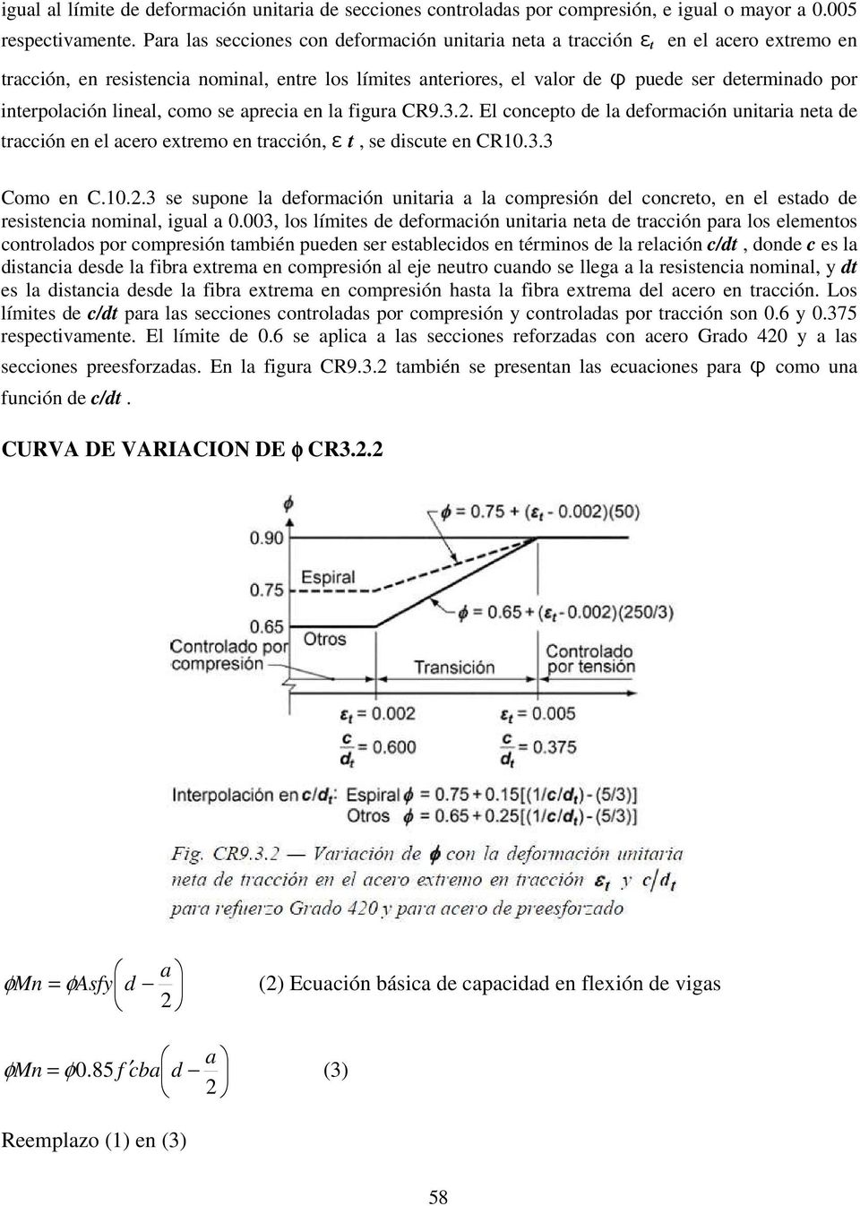 interpolación lineal, como se aprecia en la figura CR9.3.. El concepto de la deformación unitaria neta de tracción en el acero extremo en tracción, ε t, se discute en CR10.