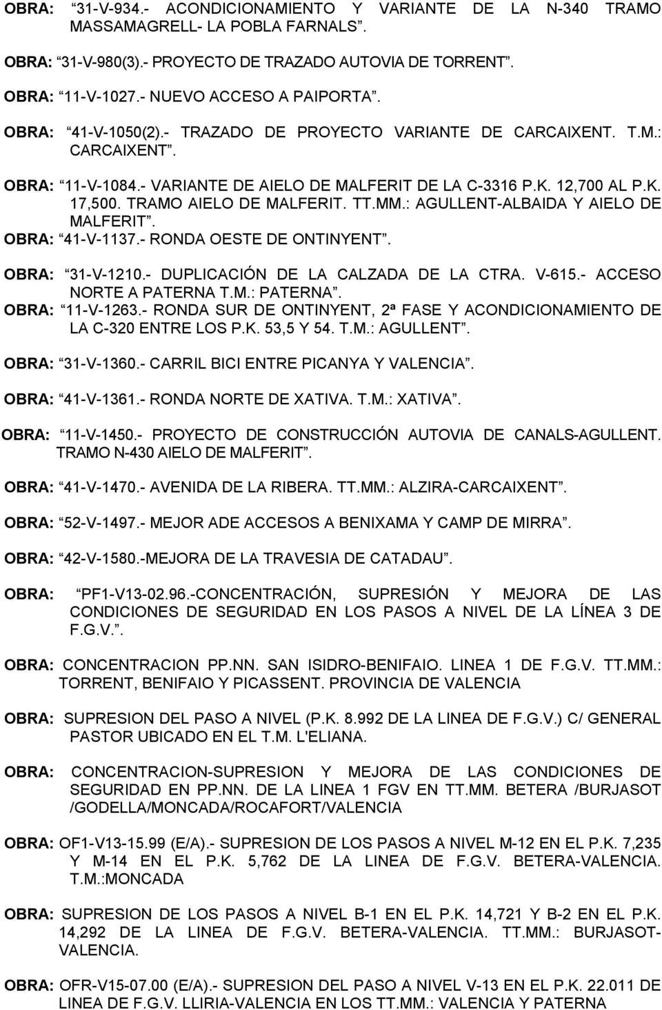 MM.: AGULLENT-ALBAIDA Y AIELO DE MALFERIT. OBRA: 41-V-1137.- RONDA OESTE DE ONTINYENT. OBRA: 31-V-1210.- DUPLICACIÓN DE LA CALZADA DE LA CTRA. V-615.- ACCESO NORTE A PATERNA T.M.: PATERNA.