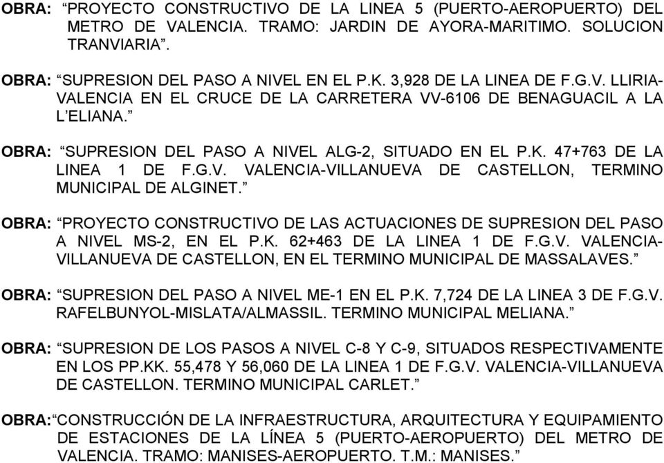OBRA: PROYECTO CONSTRUCTIVO DE LAS ACTUACIONES DE SUPRESION DEL PASO A NIVEL MS-2, EN EL P.K. 62+463 DE LA LINEA 1 DE F.G.V. VALENCIA- VILLANUEVA DE CASTELLON, EN EL TERMINO MUNICIPAL DE MASSALAVES.