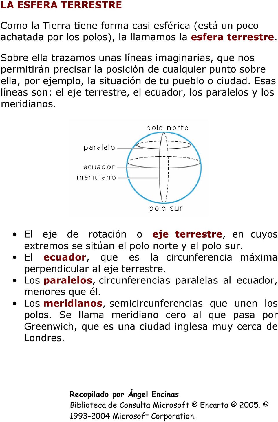 Esas líneas son: el eje terrestre, el ecuador, los paralelos y los meridianos. El eje de rotación o eje terrestre, en cuyos extremos se sitúan el polo norte y el polo sur.