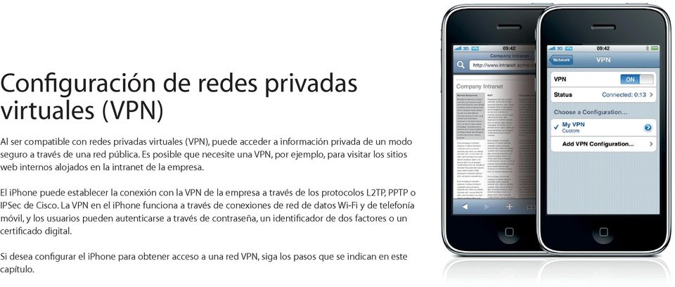 El iphone puede establecer la conexión con la VPN de la empresa a través de los protocolos L2TP, PPTP o IPSec de Cisco.
