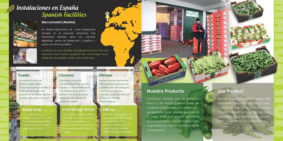 In Madrid, we have facilities strategically located in the most important food market, equipped with cold-storage rooms, distribution and logistic centre, and a retail shop.