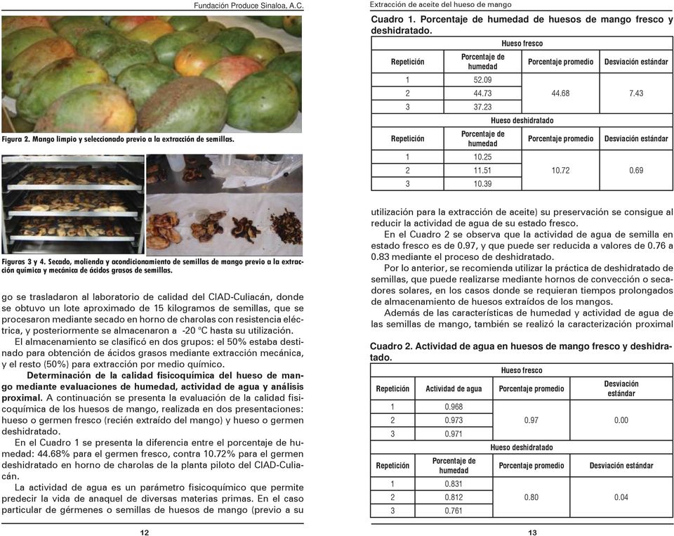 72 0.69 Figuras 3 y 4. Secado, molienda y acondicionamiento de semillas de mango previo a la extracción química y mecánica de ácidos grasos de semillas.