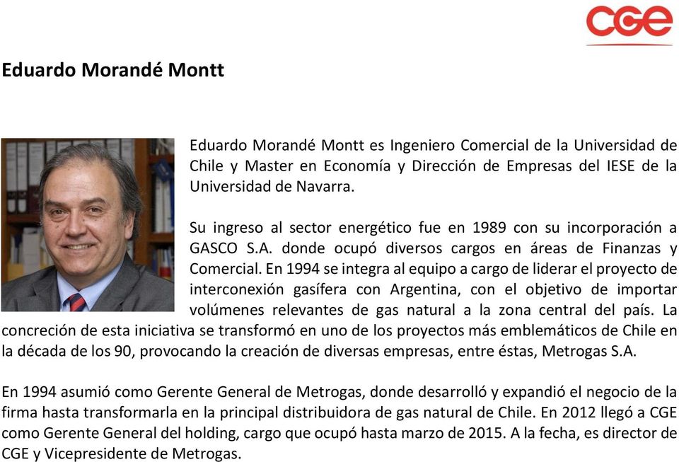 En 1994 se integra al equipo a cargo de liderar el proyecto de interconexión gasífera con Argentina, con el objetivo de importar volúmenes relevantes de gas natural a la zona central del país.