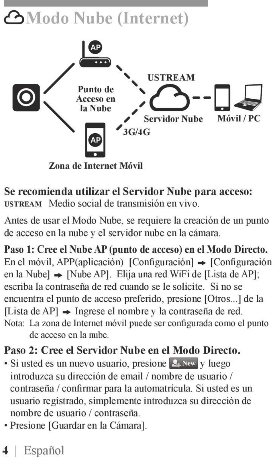 Paso 1: Cree el Nube AP (punto de acceso) en el Modo Directo. En el móvil, APP(aplicación) [Configuración] [Configuración en la Nube] [Nube AP].