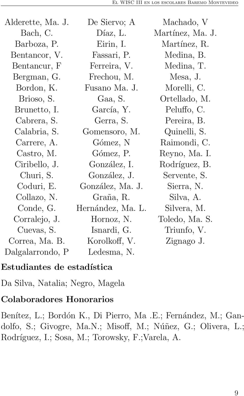 Carrere, A. Gómez, N Raimondi, C. Castro, M. Gómez, P. Reyno, Ma. I. Ciribello, J. González, I. Rodríguez, B. Churi, S. González, J. Servente, S. Coduri, E. González, Ma. J. Sierra, N. Collazo, N.