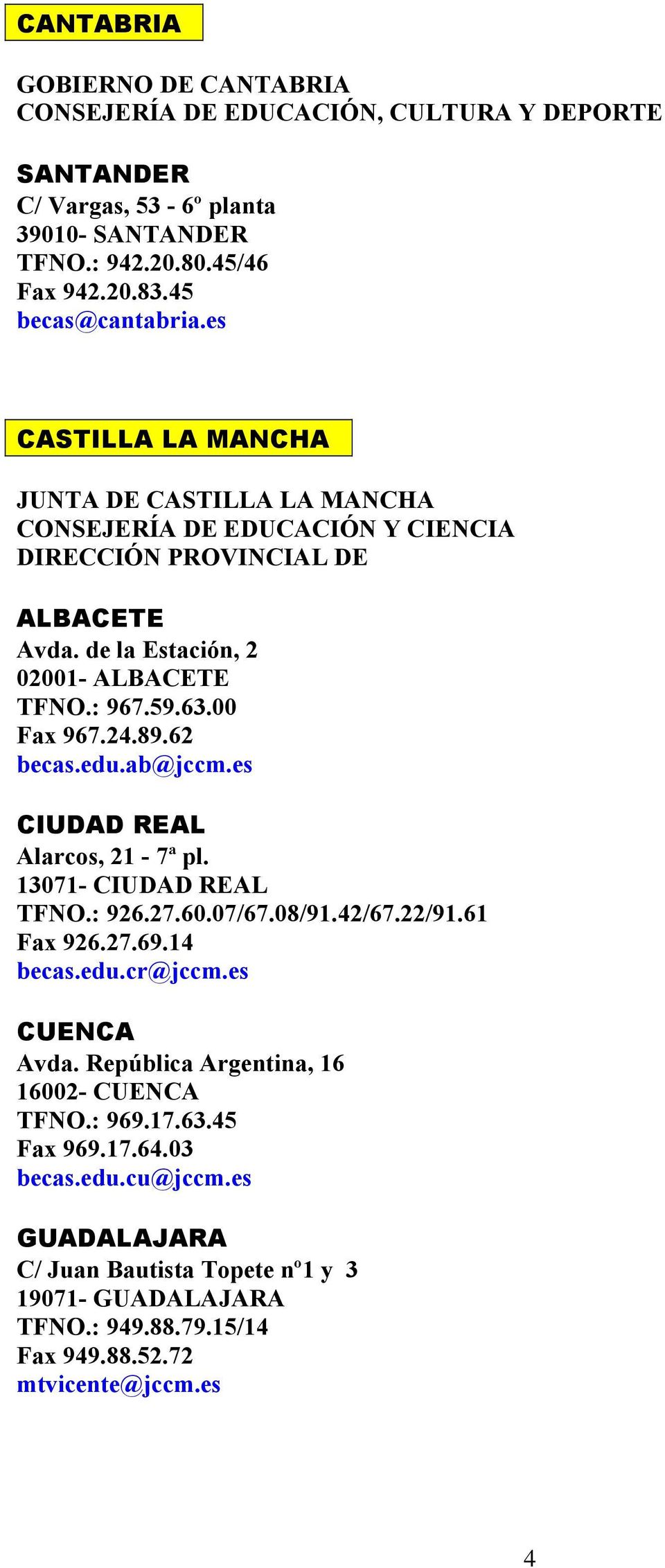 89.62 becas.edu.ab@jccm.es CIUDAD REAL Alarcos, 21-7ª pl. 13071- CIUDAD REAL TFNO.: 926.27.60.07/67.08/91.42/67.22/91.61 Fax 926.27.69.14 becas.edu.cr@jccm.es CUENCA Avda.
