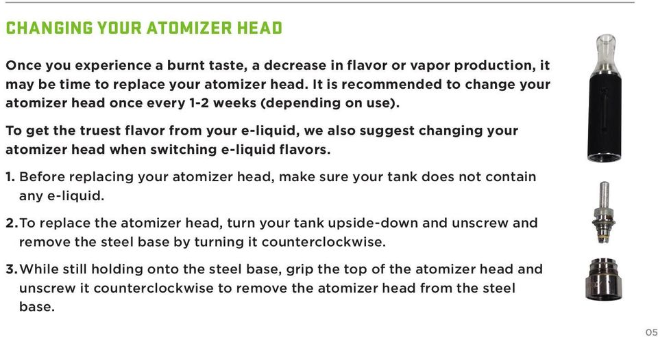 To get the truest flavor from your e-liquid, we also suggest changing your atomizer head when switching e-liquid flavors. 1.