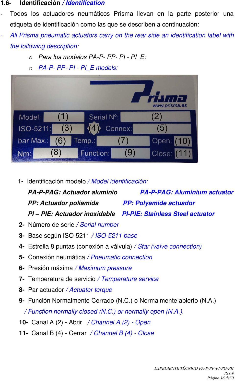 Model identificación: PA-P-PAG: Actuador aluminio PA-P-PAG: Aluminium actuator PP: Actuador poliamida PP: Polyamide actuador PI PIE: Actuador inoxidable PI-PIE: Stainless Steel actuator 2- Número de