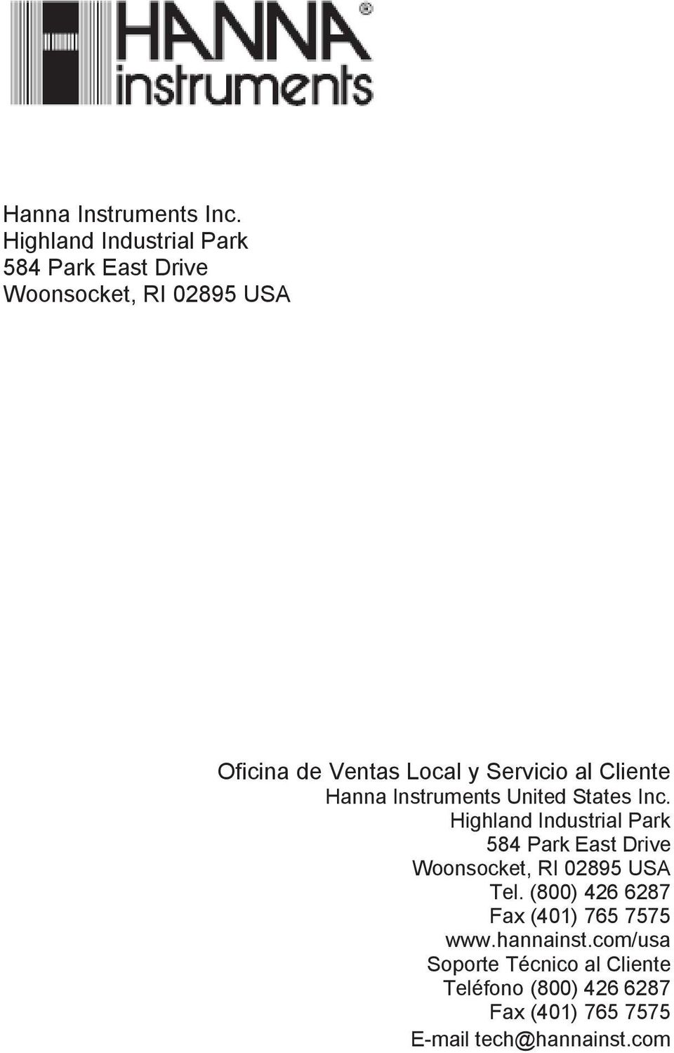 Servicio al Cliente Hanna Instruments United States Inc.
