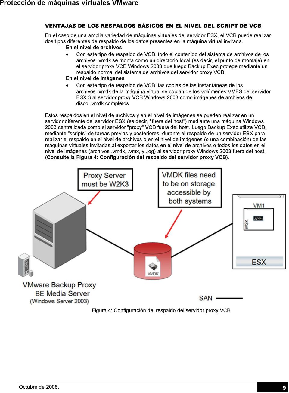vmdk se monta como un directorio local (es decir, el punto de montaje) en el servidor proxy VCB Windows 2003 que luego Backup Exec protege mediante un respaldo normal del sistema de archivos del
