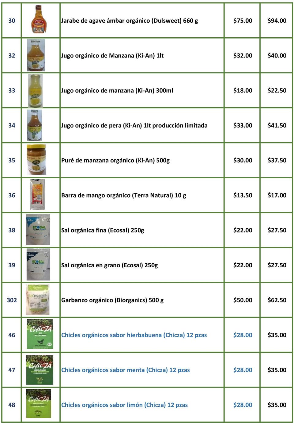 50 36 Barra de mango orgánico (Terra Natural) 10 g $13.50 $17.00 38 Sal orgánica fina (Ecosal) 250g $22.00 $27.50 39 Sal orgánica en grano (Ecosal) 250g $22.00 $27.50 302 Garbanzo orgánico (Biorganics) 500 g $50.