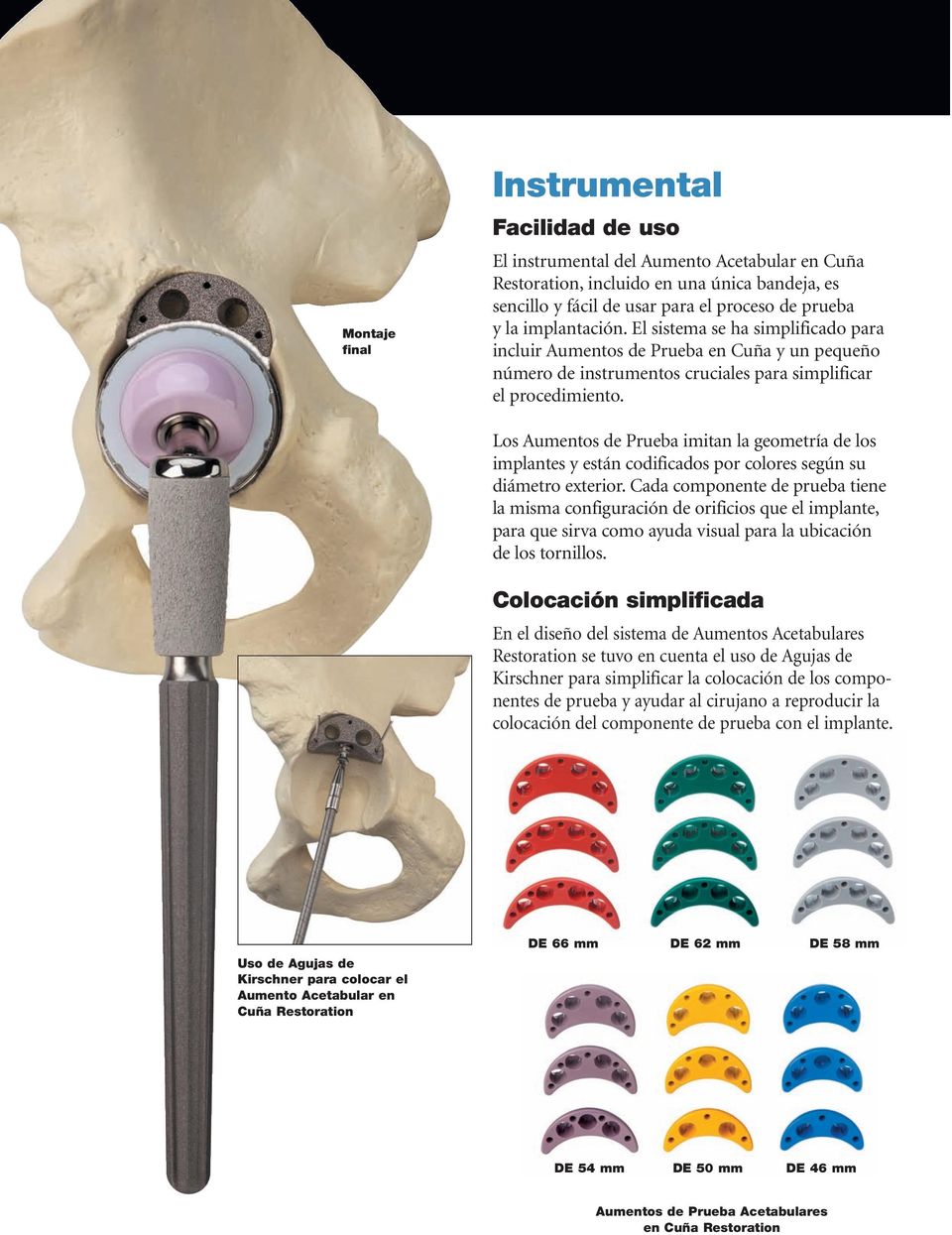 Los Aumentos de Prueba imitan la geometría de los implantes y están codificados por colores según su diámetro exterior.
