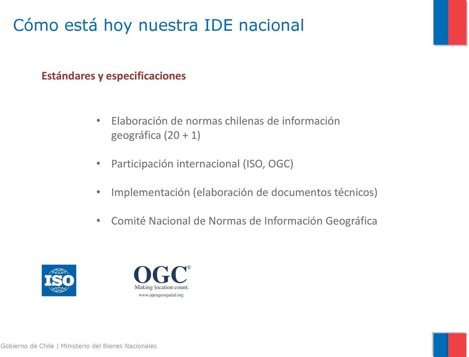 Participación internacional (ISO, OGC) Implementación (elaboración