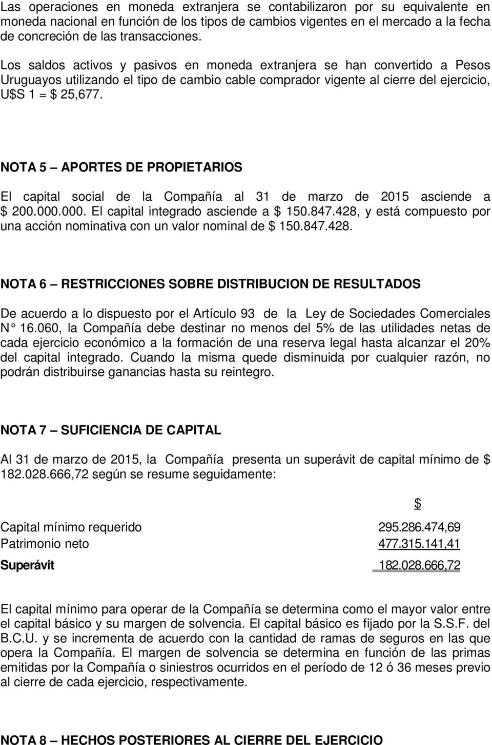 NOTA 5 APORTES DE PROPIETARIOS El capital social de la Compañía al 31 de marzo de 2015 asciende a $ 200.000.000. El capital integrado asciende a $ 150.847.