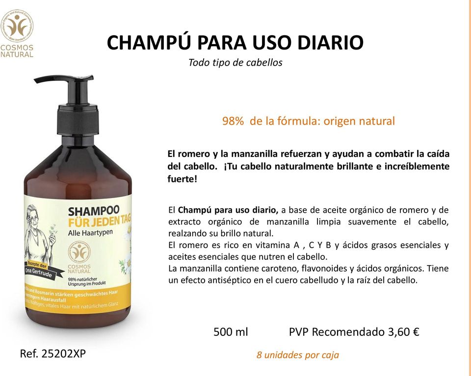 El Champú para uso diario, a base de aceite orgánico de romero y de extracto orgánico de manzanilla limpia suavemente el cabello, realzando su brillo natural.