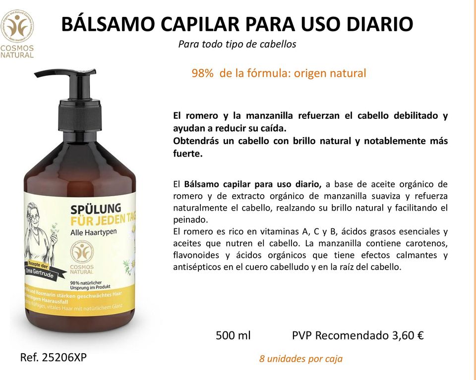 El Bálsamo capilar para uso diario, a base de aceite orgánico de romero y de extracto orgánico de manzanilla suaviza y refuerza naturalmente el cabello, realzando su brillo natural y