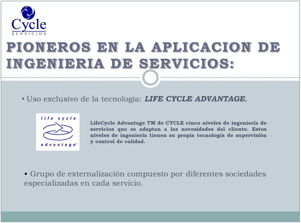LifeCycle Advantage TM de CYCLE cinco niveles de ingeniería de servicios que se adaptan a las