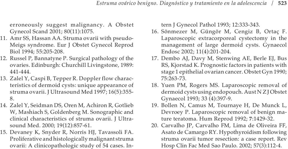 Edinburgh: Churchill Livingstone, 1989: 441-444. 13. Zalel Y, Caspi B, Tepper R. Doppler flow characteristics of dermoid cysts: unique appearance of struma ovarii. J Ultrasound Med 1997; 16(5):355-8.