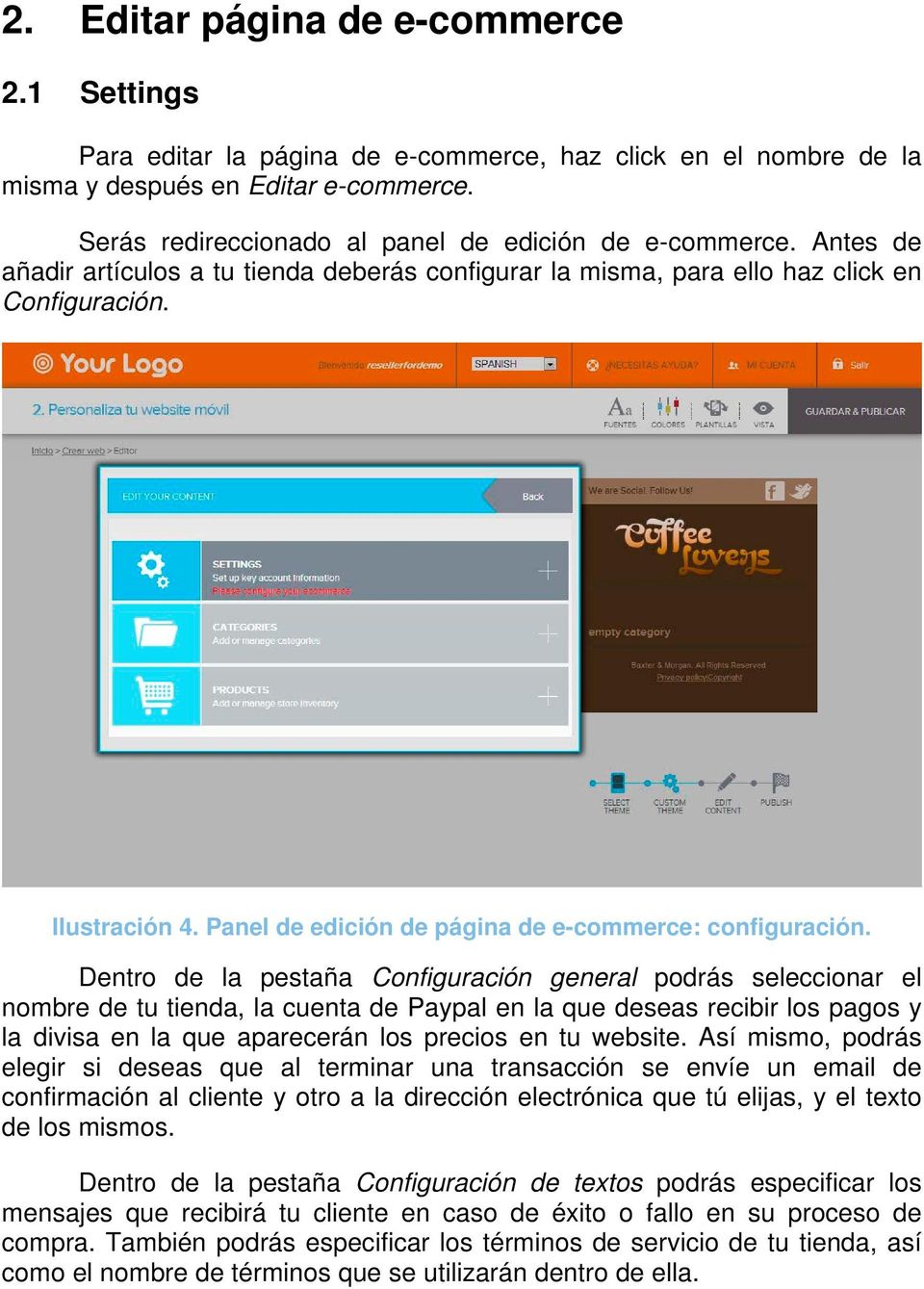 Panel de edición de página de e-commerce: configuración.