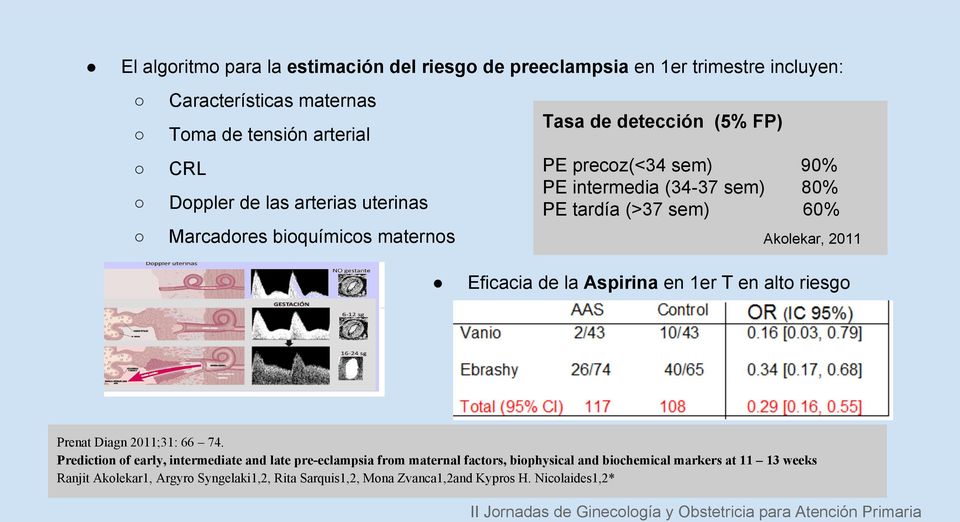Akolekar, 2011 Eficacia de la Aspirina en 1er T en alto riesgo Prenat Diagn 2011;31: 66 74.