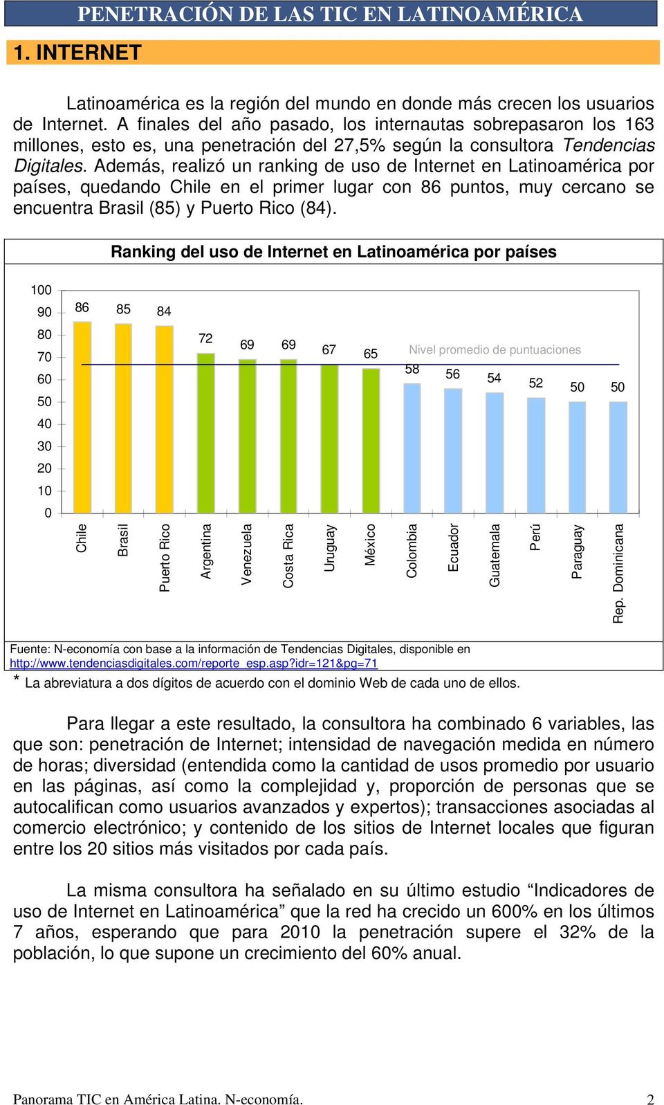 Además, realizó un ranking de uso de Internet en Latinoamérica por países, quedando Chile en el primer lugar con 86 puntos, muy cercano se encuentra Brasil (85) y Puerto Rico (84).