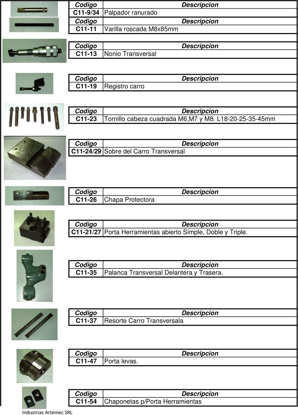 L18-20-25-35-45mm C11-24/29 Sobre del Carro Transversal C11-26 Chapa Protectora C11-21/27 Porta