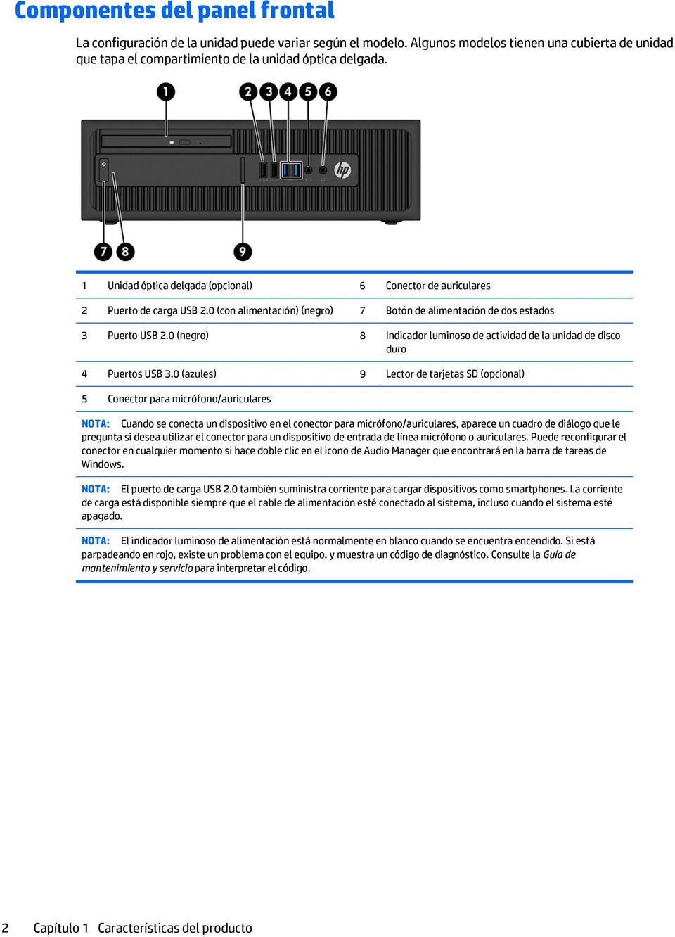 0 (negro) 8 Indicador luminoso de actividad de la unidad de disco duro 4 Puertos USB 3.