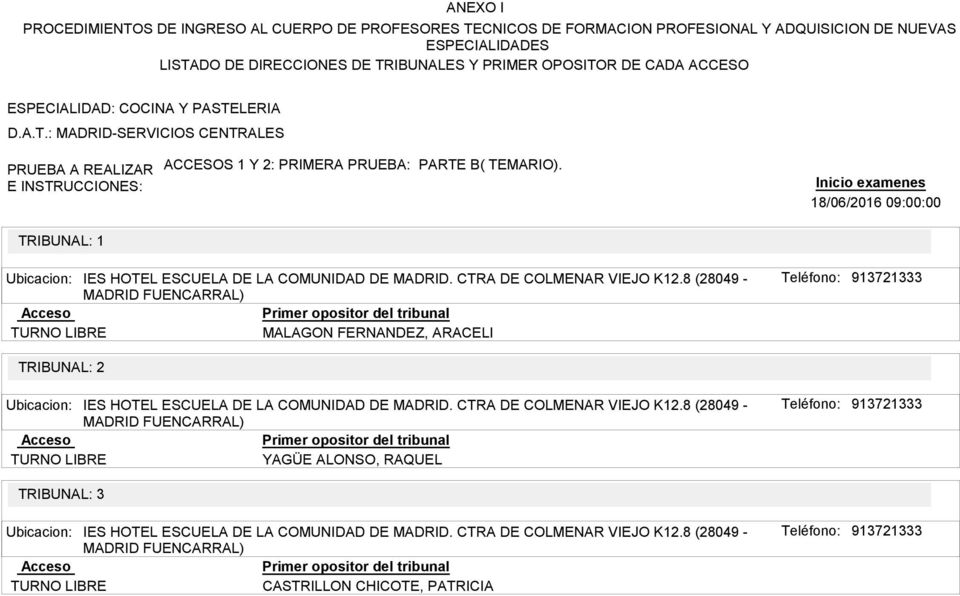 CTRA DE COLMENAR VIEJO K12.8 (28049 - MADRID FUENCARRAL) MALAGON FERNANDEZ, ARACELI IES HOTEL ESCUELA DE LA COMUNIDAD DE MADRID. CTRA DE COLMENAR VIEJO K12.